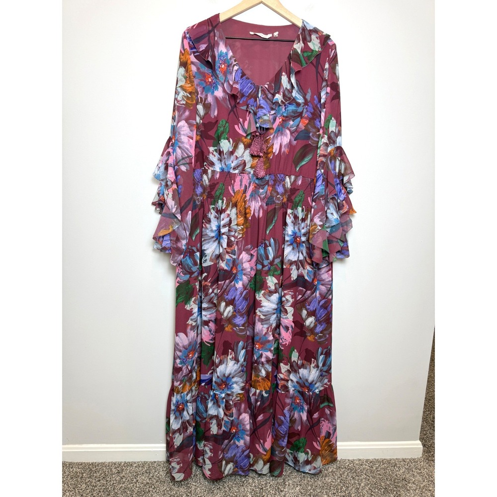 Soft Surroundings Fiore Rosa Merlot Floral Chiffon Maxi Dress Ruffle 1X Plus